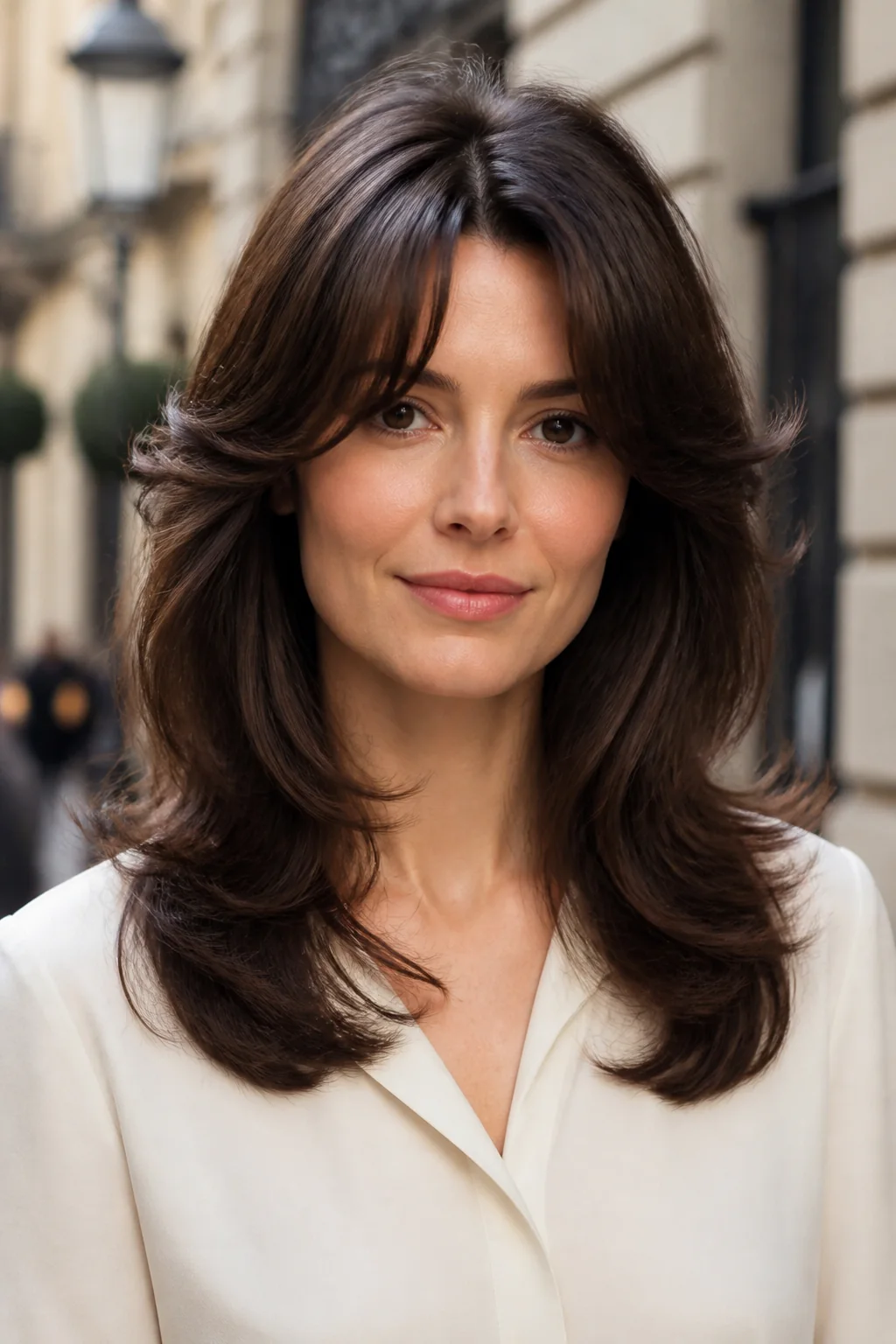 White woman with a bouncy brunette blowout and curtain bangs