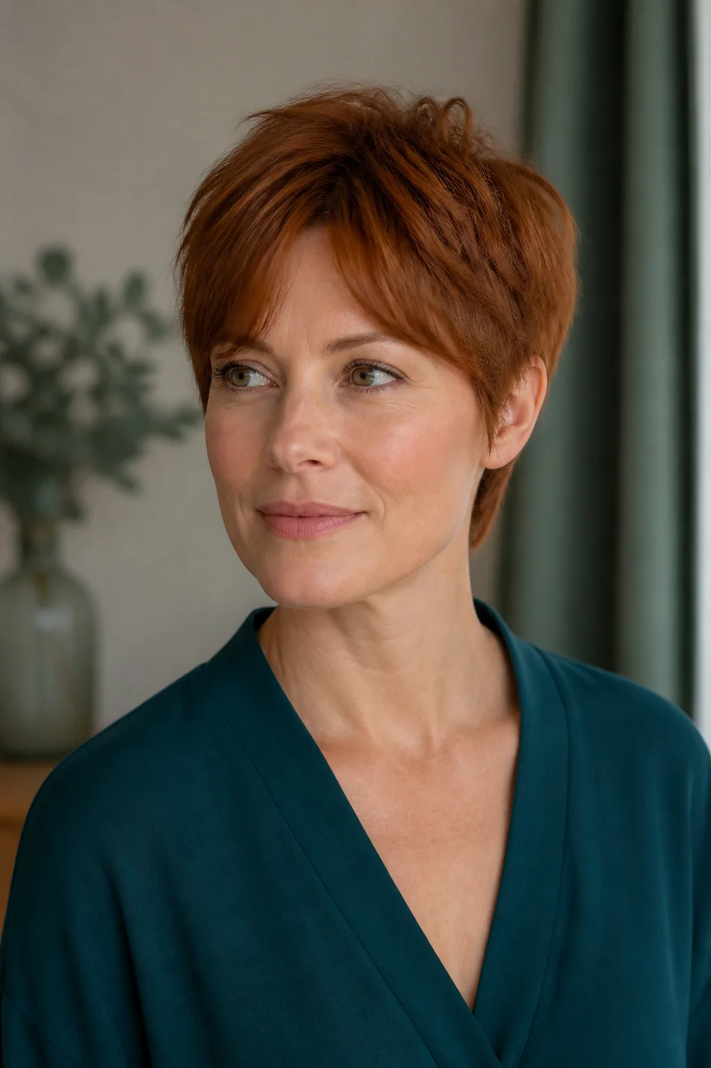White woman with a short layered pixie and curtain fringe
