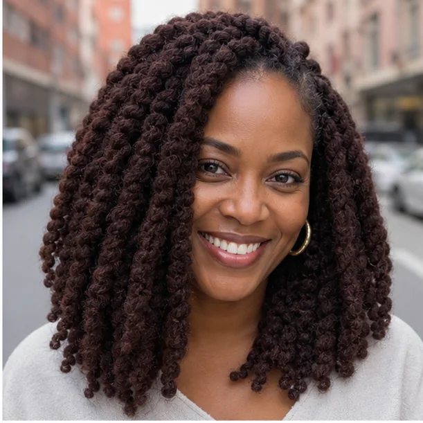 Black woman with rich dark brown Marley twists