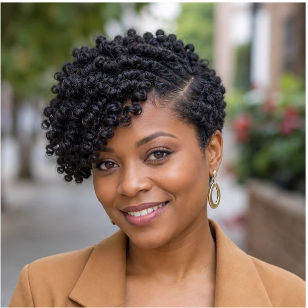 Black woman wearing finger coils with a deep side part