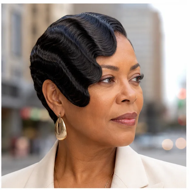 Black woman wearing finger waves with a deep side part