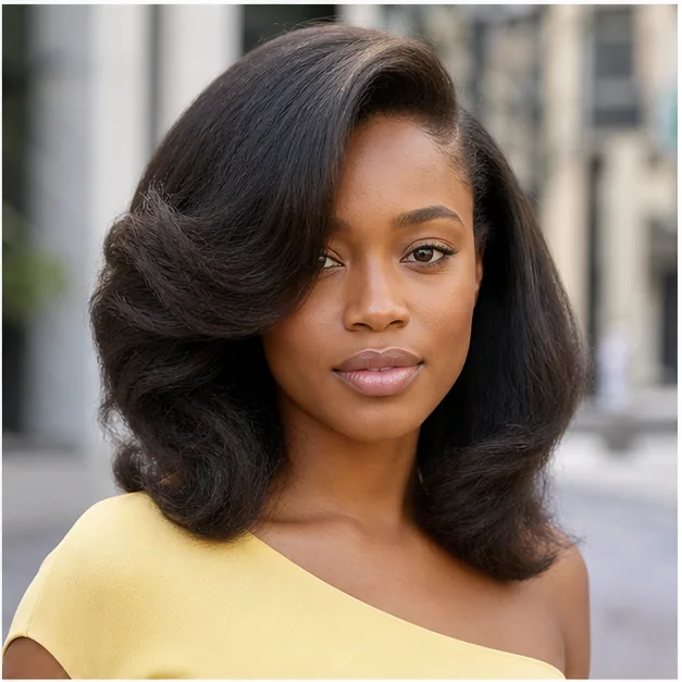 Black woman wearing a deep side-part fluffy press