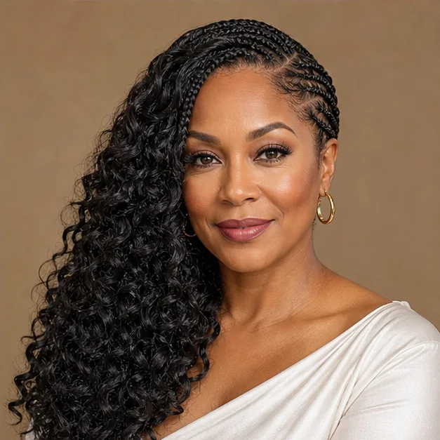 Black woman with side-part goddess braids