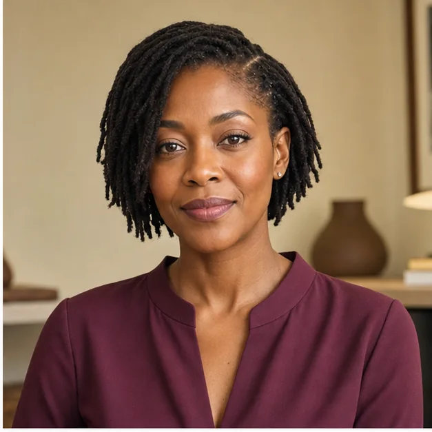 Black woman with short locs styled in a deep side part