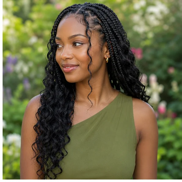 Black woman with boho braids and deep wave curls