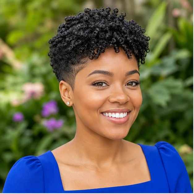 Black woman with a finger-coiled tapered Afro haircut