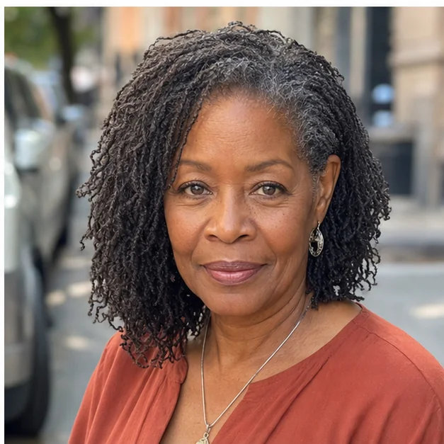 Black woman over 50 with easy tucked Sisterlocks