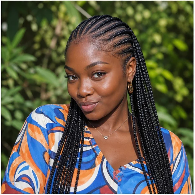 Black woman with eight slim straight-back feed-in braids