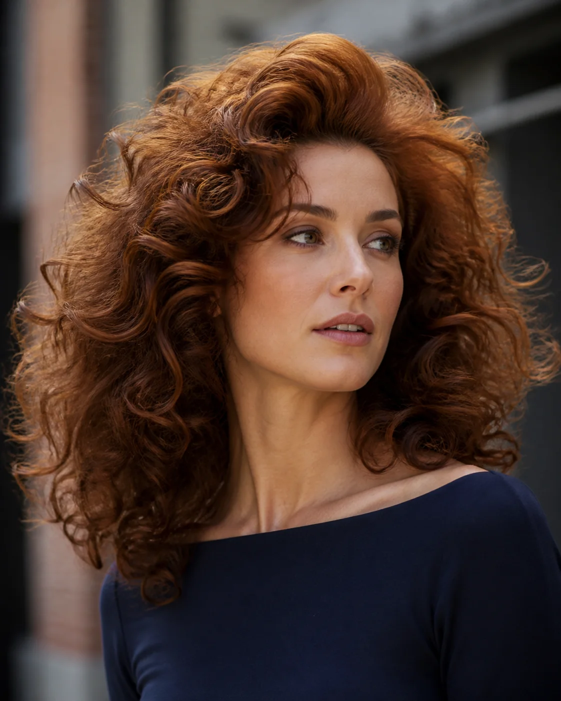 White woman wearing voluminous eighties-inspired brushed-out curls
