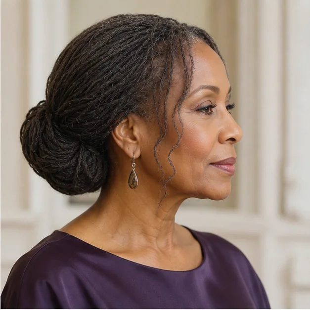 Black woman over 50 wearing an elegant low Sisterlocks chignon