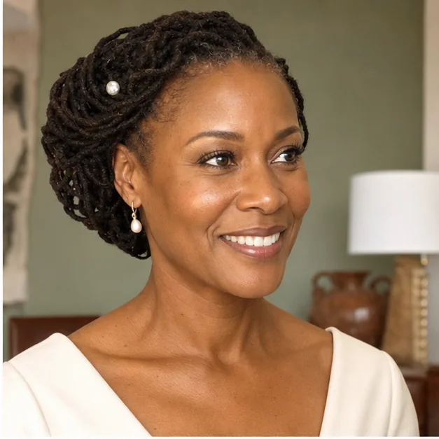 Black woman with short locs in an elegant side swept wedding style
