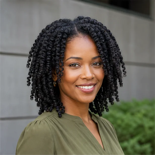 Black woman with elongated finger coils on medium natural hair