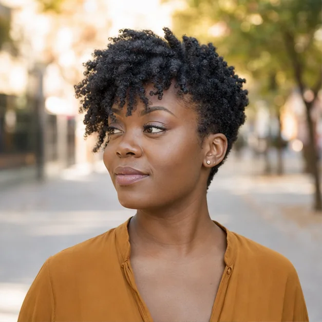 Black woman with an elongated twist-out on a tapered Afro