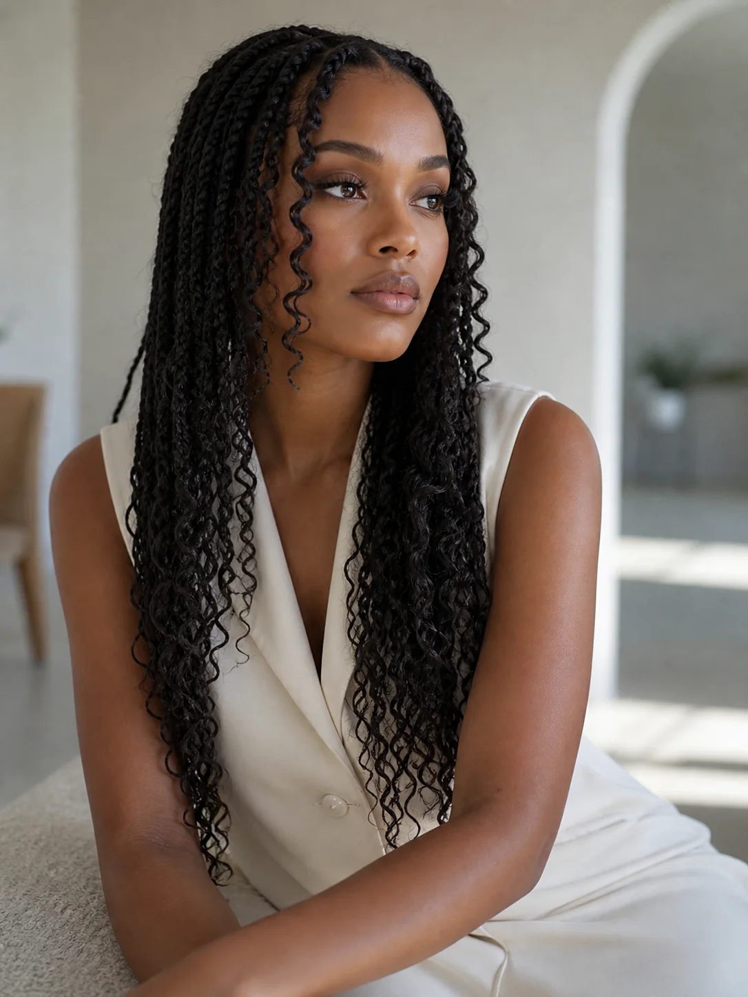 French curl braids with short face-framing spiral pieces