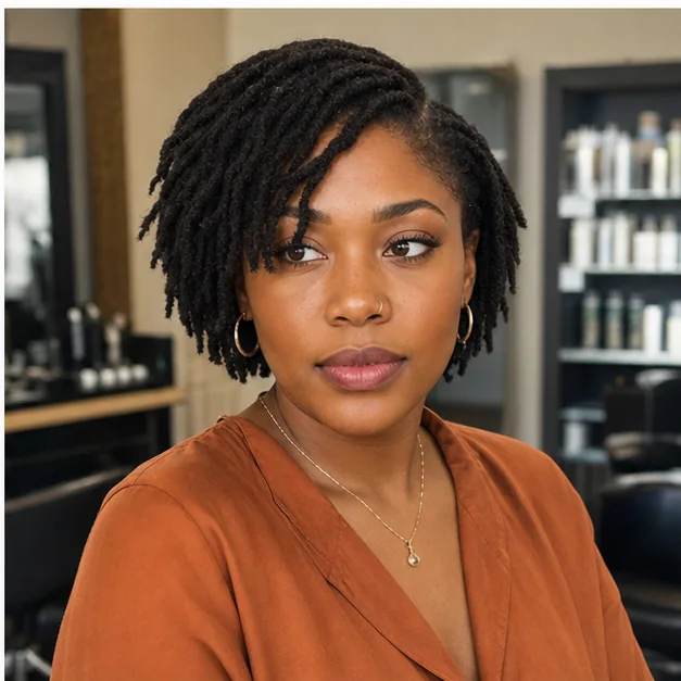 Black woman with short locs swept softly across the forehead