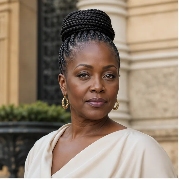 Black woman with feed-in braids gathered into a crown bun
