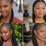 Collage of four sleek and creative feed-in braid hairstyles on Black women