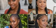 Collage of four sleek and creative feed-in braid hairstyles on Black women