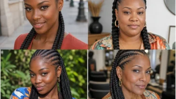 Collage of four sleek and creative feed-in braid hairstyles on Black women