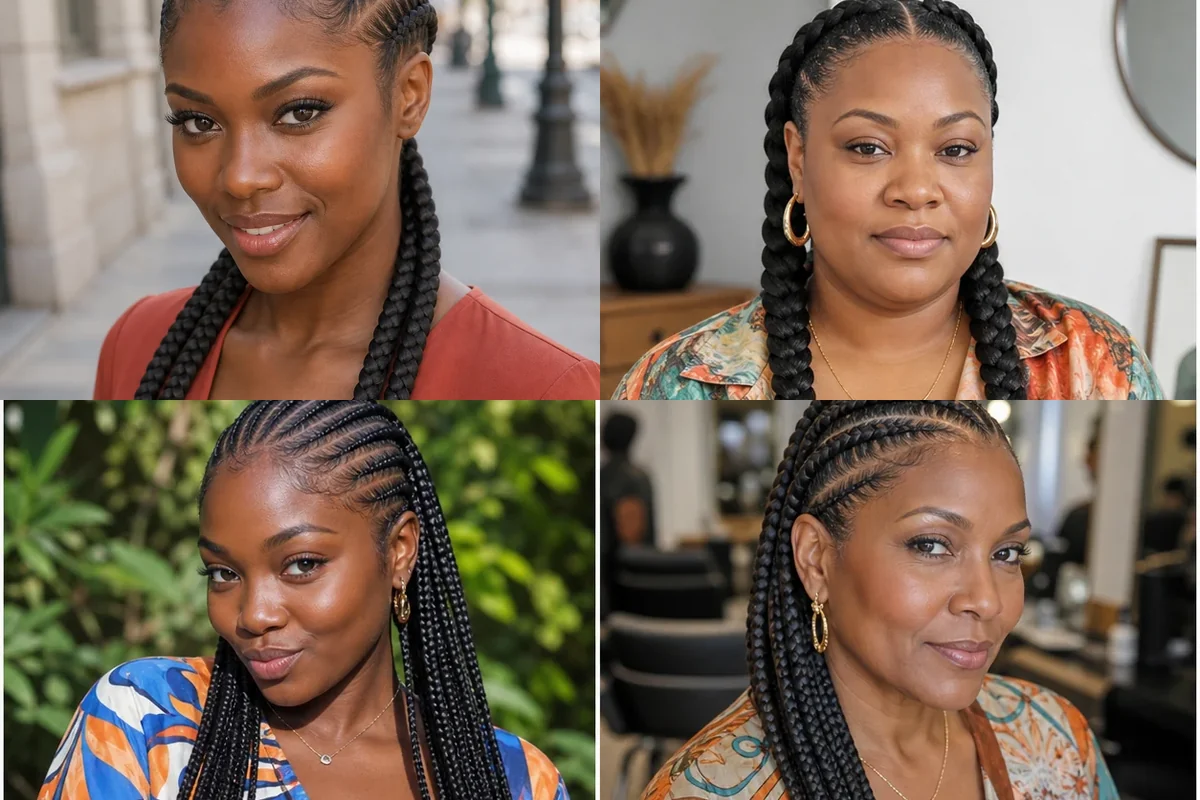 Collage of four sleek and creative feed-in braid hairstyles on Black women