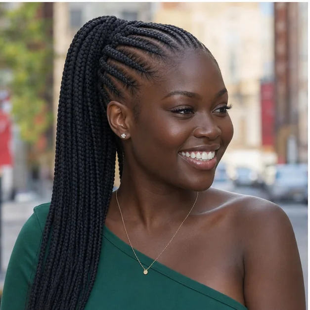 Black woman with feed-in braids in a high ponytail