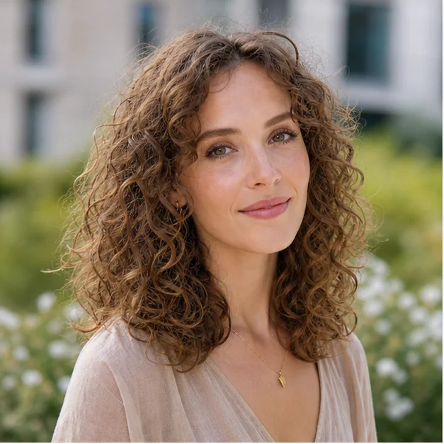Woman with fine curls and light crown layers
