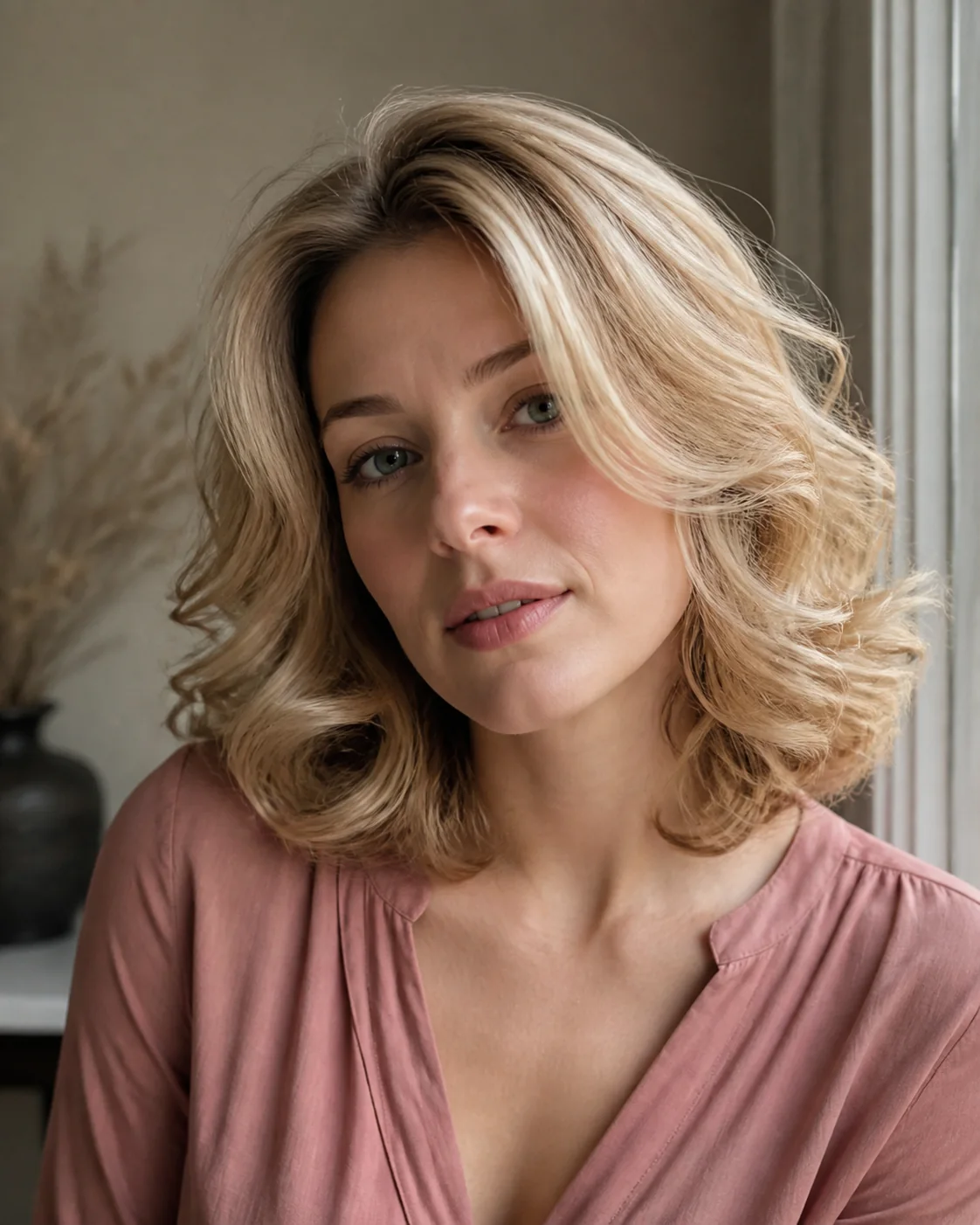 White woman with fine blonde hair wearing airy brushed-out curls