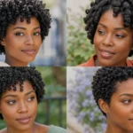 Collage of four Black women wearing beautifully defined finger coil hairstyles