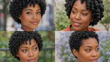 Collage of four Black women wearing beautifully defined finger coil hairstyles