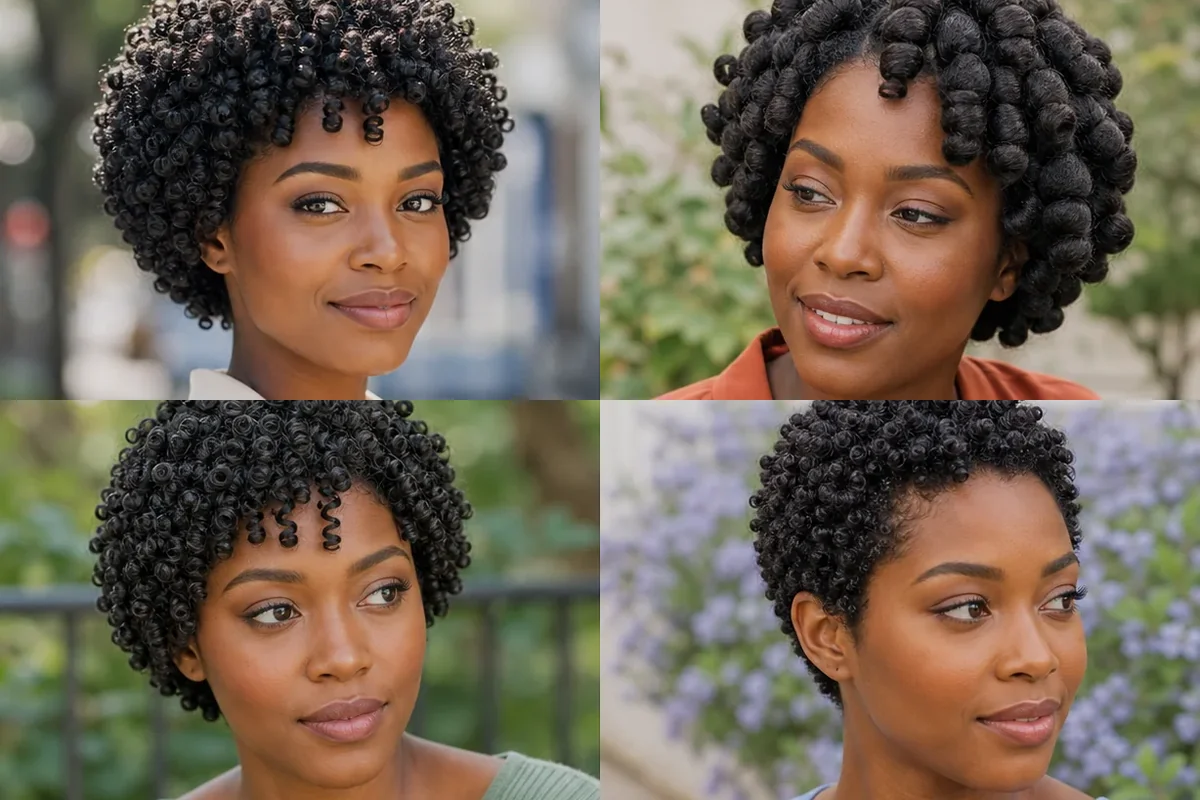 Collage of four Black women wearing beautifully defined finger coil hairstyles
