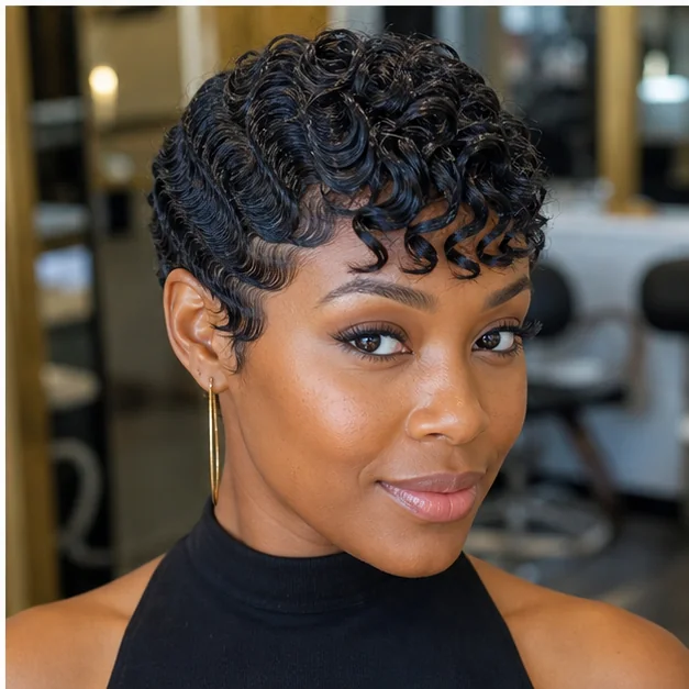 Black woman with finger waves and a short coiled fringe