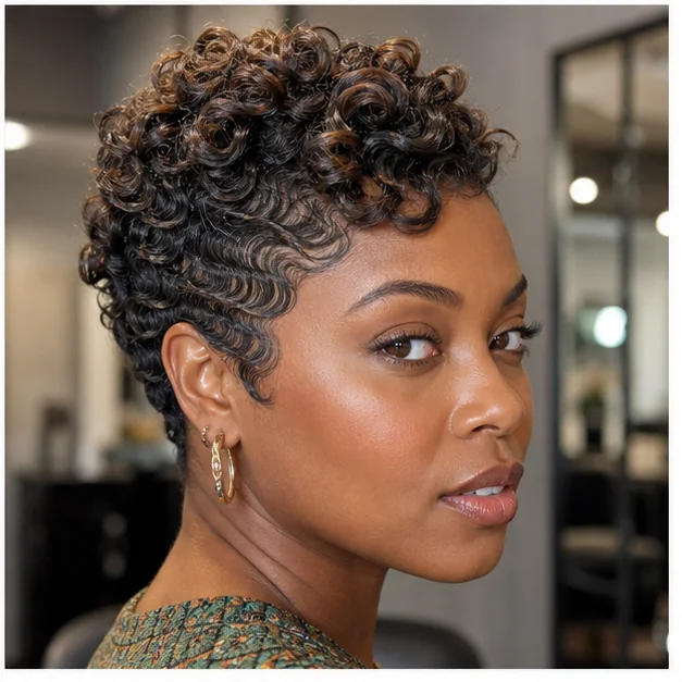 Black woman with finger waves at the sides and curls at the crown