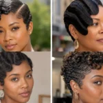 Collage of four sculpted finger-wave hairstyles on Black women