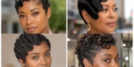 Collage of four sculpted finger-wave hairstyles on Black women