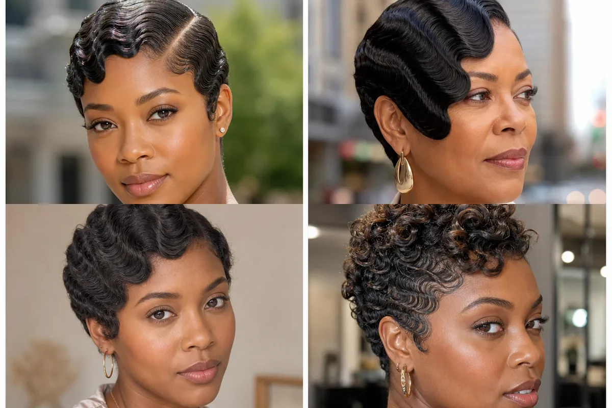Collage of four sculpted finger-wave hairstyles on Black women