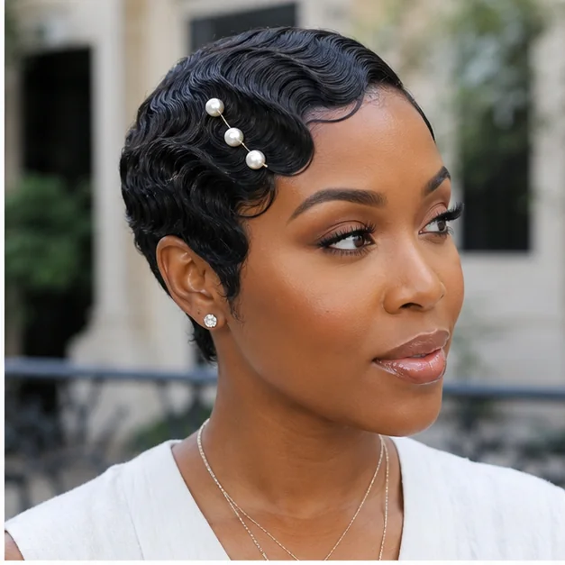 Black woman with finger waves accented by pearl pins