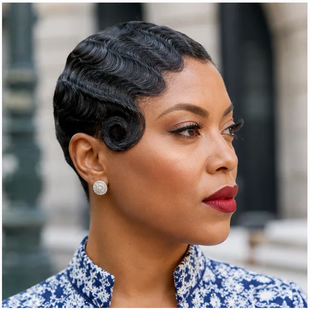 Black woman with finger waves ending in a sculpted temple swirl