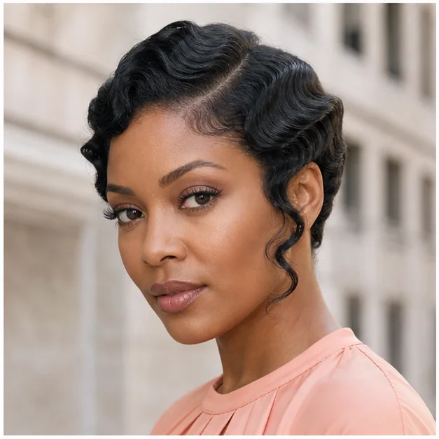 Black woman with sculpted finger waves and one soft side curl