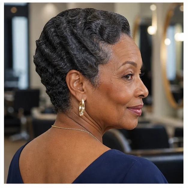 Black woman with finger waves and a neatly tapered nape
