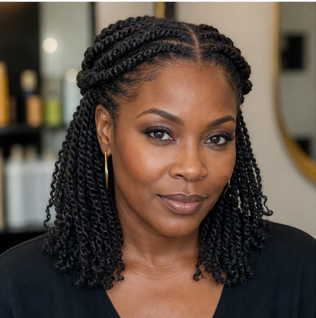 Black woman with flat twist crown and loose mini twists