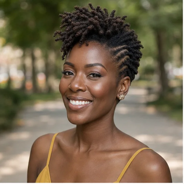 Black woman with short locs and flat twisted sides