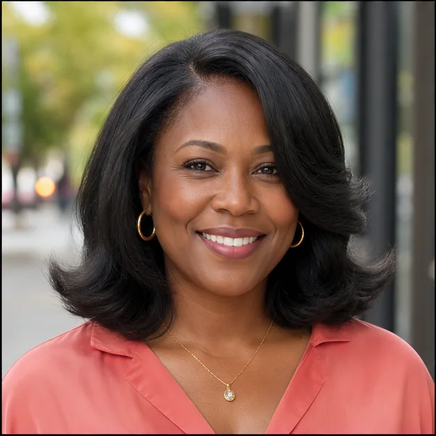 Black woman with a fluffy press and playful flicked ends
