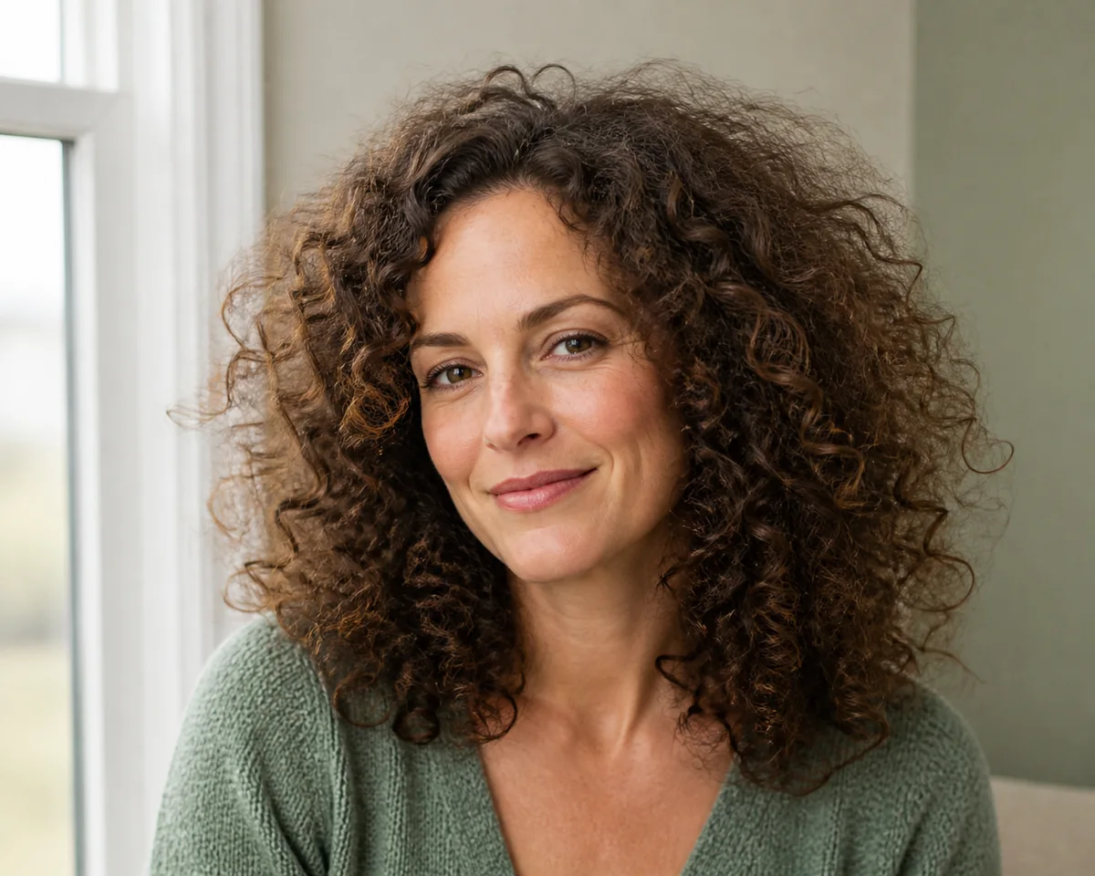 White woman wearing fluffy natural brushed-out curls
