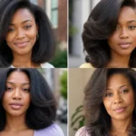Collage of four voluminous fluffy press hairstyles on Black women