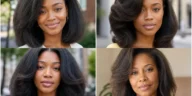 Collage of four voluminous fluffy press hairstyles on Black women