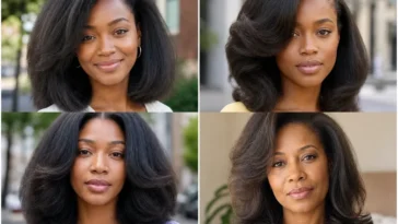 Collage of four voluminous fluffy press hairstyles on Black women