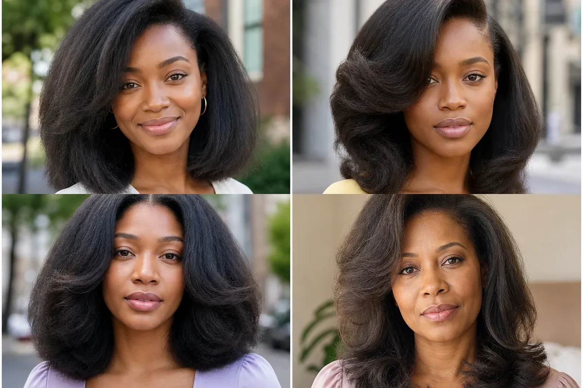 Collage of four voluminous fluffy press hairstyles on Black women