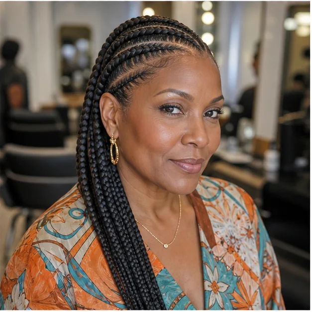 Black woman with four curved feed-in braids