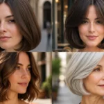 Four women wearing classic, curtain-bang, wavy and silver Italian bob haircuts