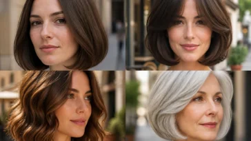 Four women wearing classic, curtain-bang, wavy and silver Italian bob haircuts